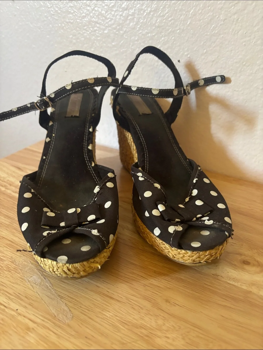 Black Polka Dot Pinup Wedge Sandals with Peep toe and Ankle Strap, Size 7
